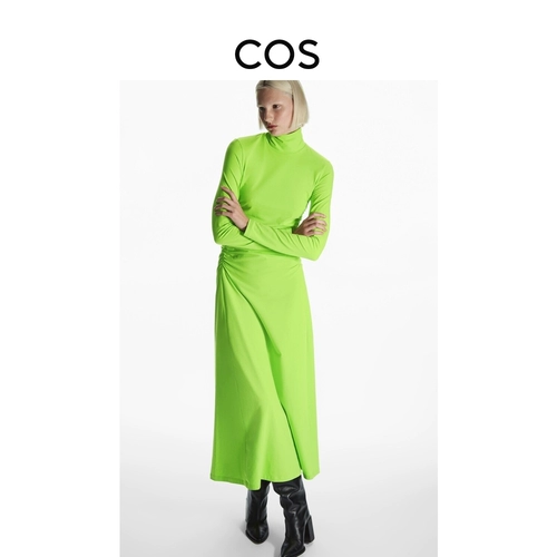 COS Женское облегающее платье с высоким воротником и сборкой по бокам, зеленое 1140756004
