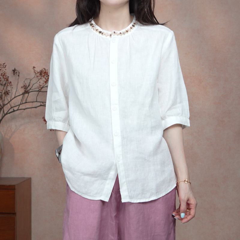 Summer New Style Pure Rain Dew Linen Bohemian Style Round Neck Sequin Ribbon Elegant Top 7163X Summer New Style Pure Rain Dew Linen Bohemian Style Round Neck Sequin Ribbon Elegant Top 7163X