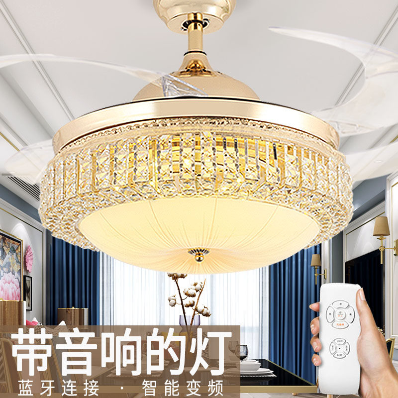 Luxury Crystal Invisible Fan Lamp Modern Chandelier plus Fan Lamp with Bluetooth Music Stereo Living Room Dining Room