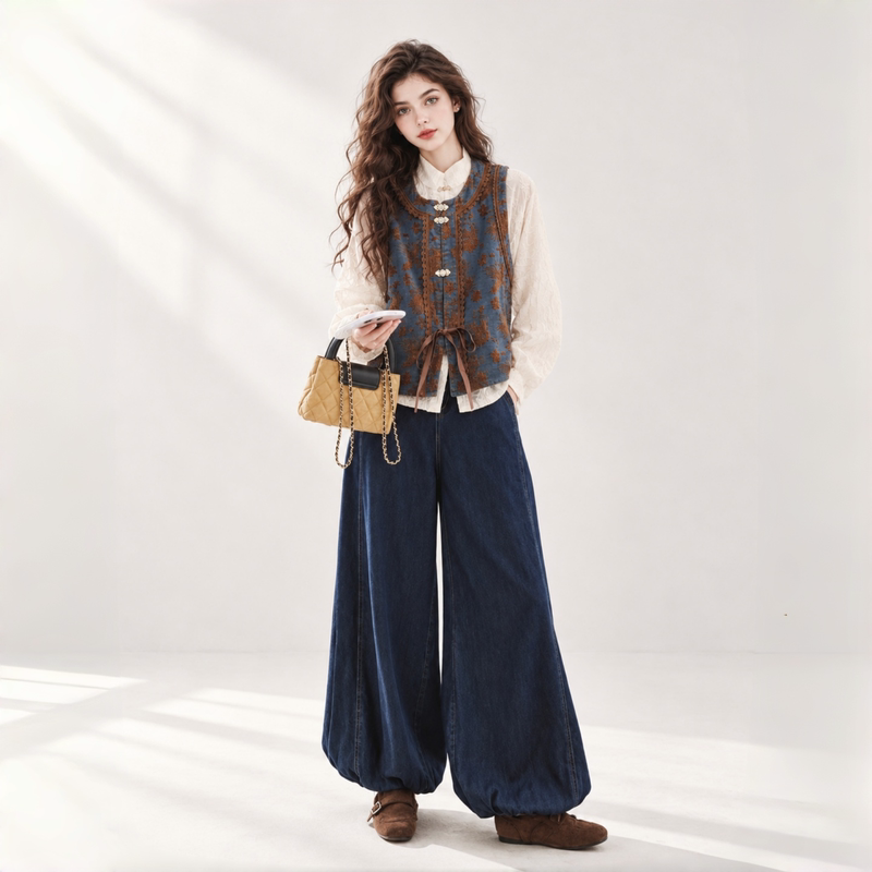 New Chinese-Style National Trend Patchwork Suit for Women, Spring and Autumn 2026 New Jacquard Vest, Shirt, Wide-Leg Lantern Pants Three-Piece Set