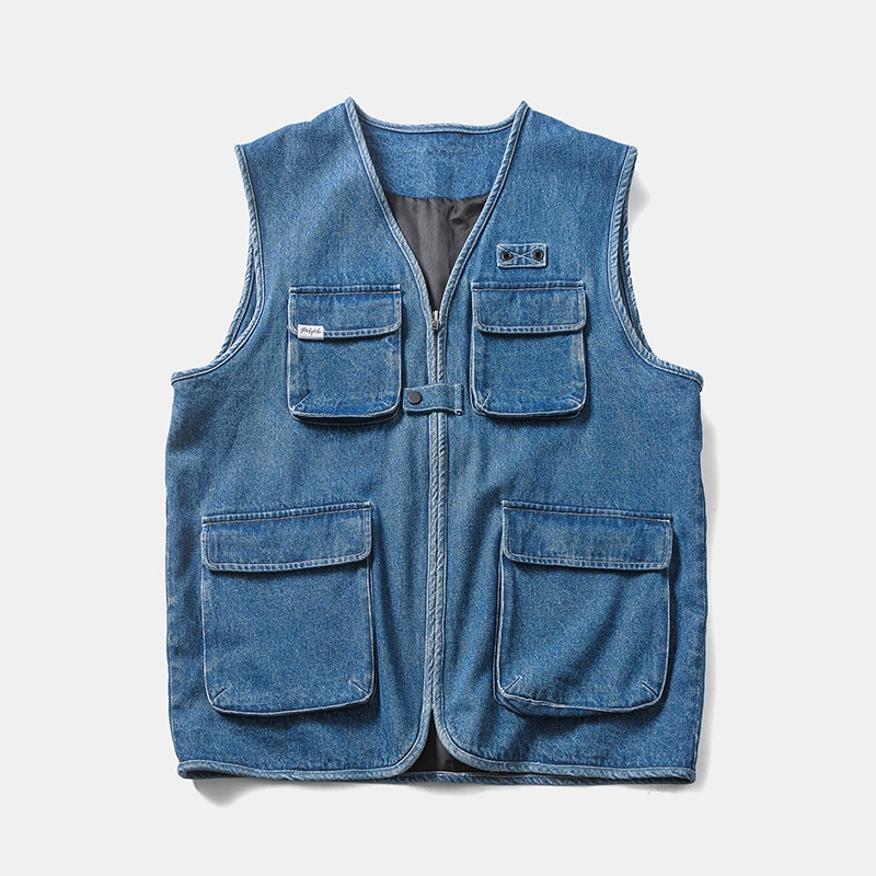 Getu Li không tay nam mùa xuân áo khoác mới denim vest áo khoác lỏng thắt lưng eo xu hướng vest Mỹ - Dệt kim Vest