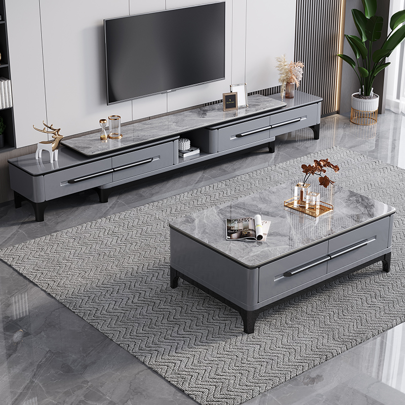 Light extravagant rockboard tea table TV enclosure combined modern minimalist solid wood retractable small-family-type living room floor-Taobao