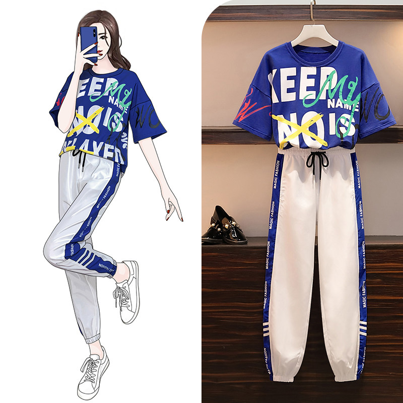 Large size women's clothing 2022 summer new style slightly fat sister Western style shows thin, meat, and age reduction sports fashion two-piece suit