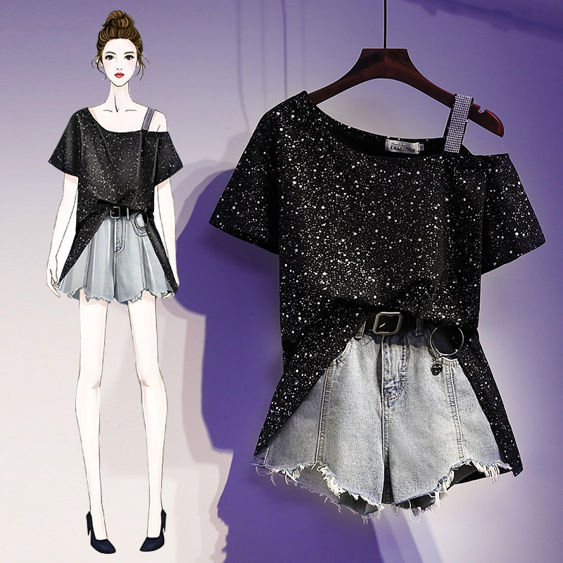 Large size women's dress 2022 summer fit new foreign display slim fit-shoulder blouse Fat Sister Covered shorts Two-piece suit