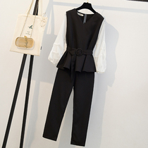 Large size womens clothing 2021 autumn new cover belly thin top fat sister foreign style age reduction fashionable two-piece suit
