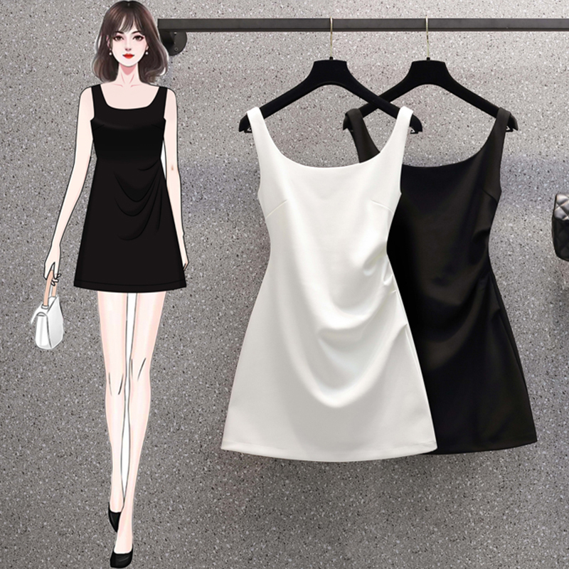 Plus-Size Women's 2026 Spring/Summer New Style Waist-Cinching Spaghetti Strap Dress, Fat mm (Short for Plus-Size) Belly-Covering, Elegant A-Line Petite White Dress