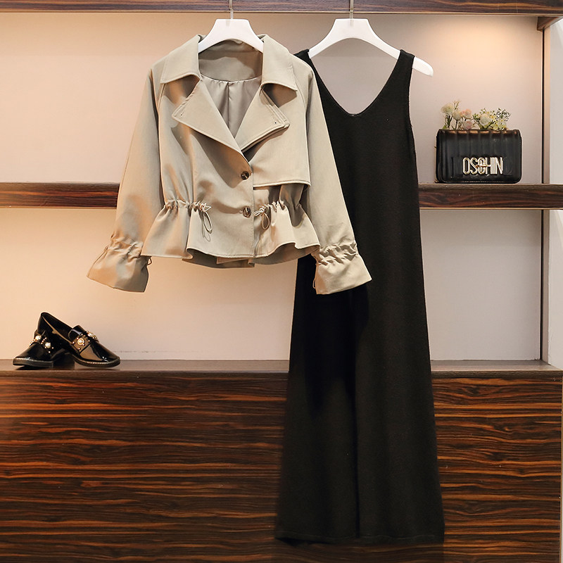 Large size women's clothing 2021 autumn new thin fashion dress Fat sister Foreign school age reduction belly cover two-piece suit