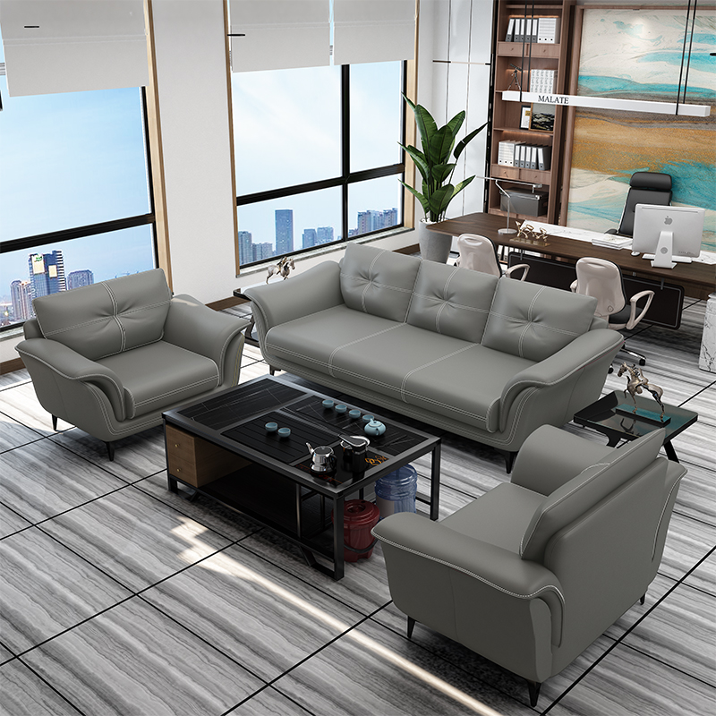 Simple and modern business office sofa three-person coffee table set negotiation reception room black leather art leisure