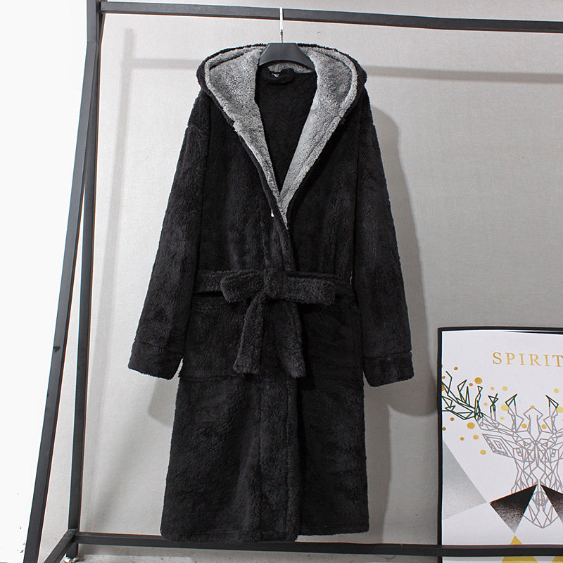 European and American editions of men and women with the same style of winter warm coral suede home sleeping robes with long version of lacing thickened close-up and even hat bathrobe