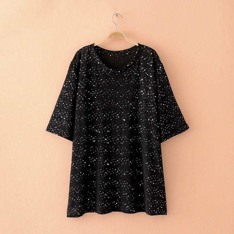 Gugujia custom large size women's clothing plus fat to increase fat MM200 catties sequins round neck half sleeve loose pullover T-shirt