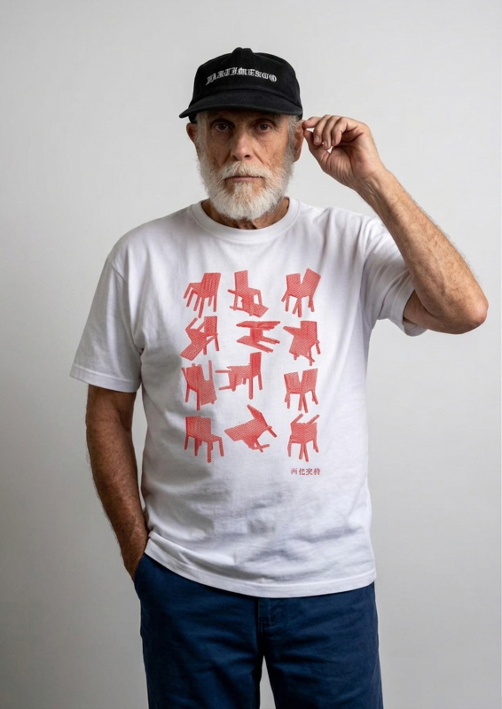 Circuit Shop Parody T-Shirt with Illustration of Two Chairs, Subculture Handmade Screen Printing, 240g Pure Cotton