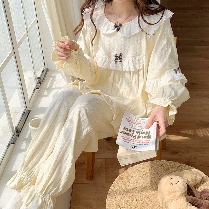 Pajamas for Women, Spring & Fall, Pure Cotton, Long-Sleeved, Winter New Style, Princess Style, Cute Outer Wear, Bow-Knot Home Wear Set for Women