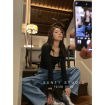 SUN11 long sleeve t-shirt womens cotton black and white short hot girl tight low square neck solid color underwear knitted undershirt