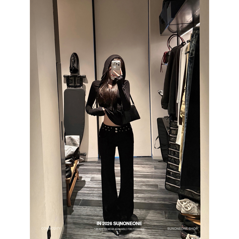 Sunoneone【Rivet】Rivet-Waist Vintage Straight-Leg Casual Pants for Women, Autumn Slim-Fit Black Long Pants Sunoneone【Rivet】Rivet-Waist Vintage Straight-Leg Casual Pants for Women, Autumn Slim-Fit Black Long Pants