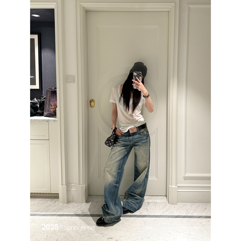 Sunoneone Straight-Leg Wide-Leg Pants Washed Denim Jeans for Women American-Style Faded Vintage Blue Loose Low-Waist Pants
