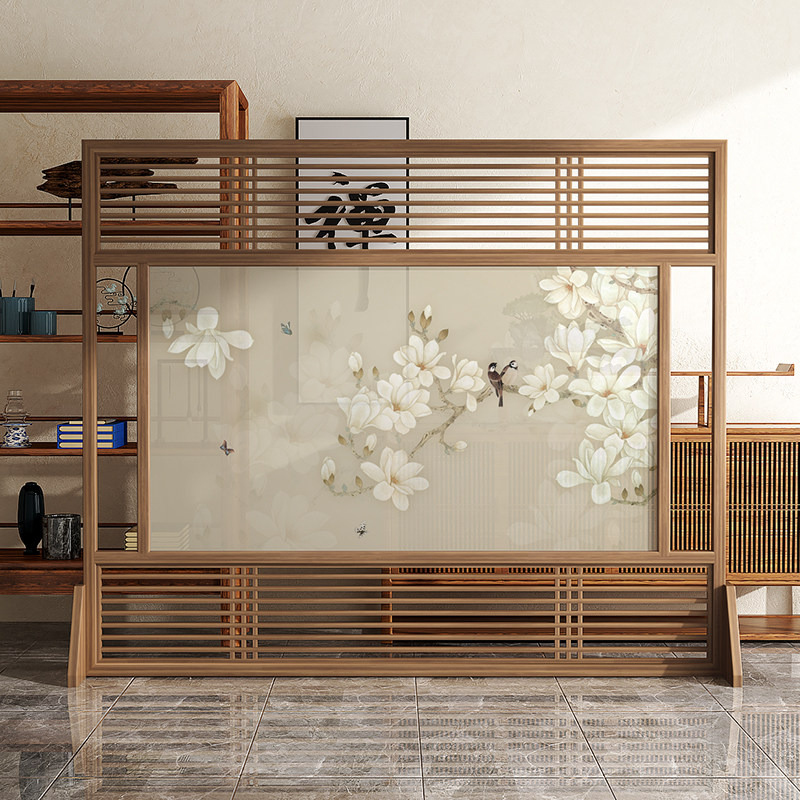 Flower and bird new Chinese-style screen partition living room entrance door blocking grille solid wood entry porch entry office seat screen