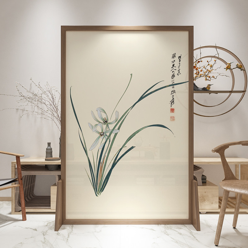 Lotus solid wood screen new Chinese style porch bedroom tea room office entry partition living room entry door blocking seat screen