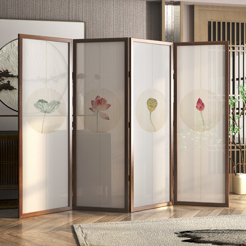 Tea room screen folding mobile lotus office new Chinese partition barrier solid wood living room entrance Zen shade