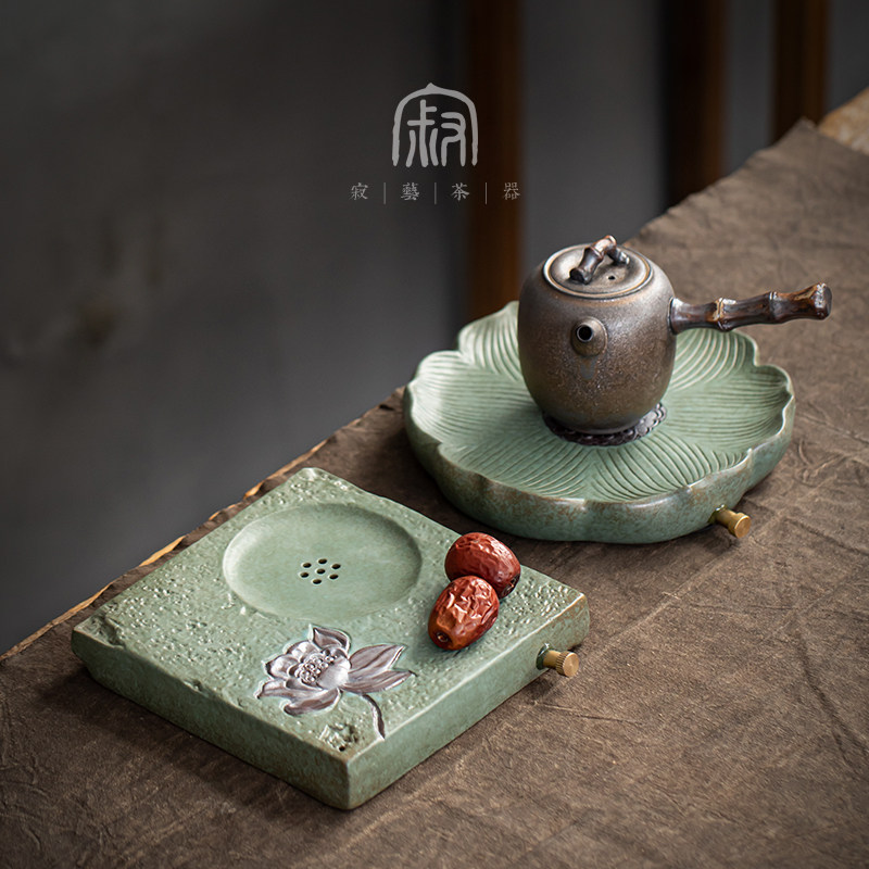 Antique gilded pot bearing tray creative retro tea room home drainage water storage round square lotus tea table tea tray