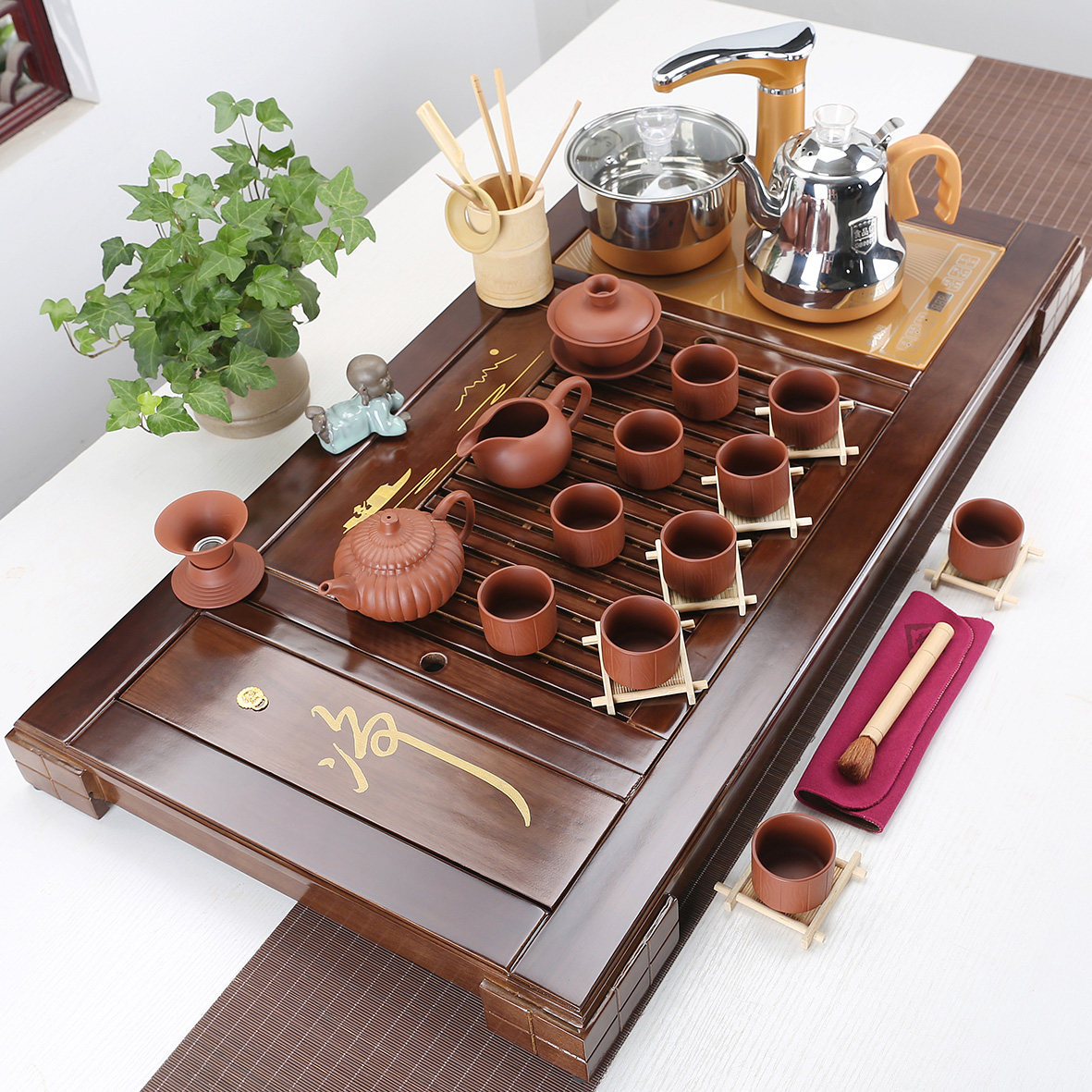 Rengu tea set set household solid wood tea tray tea table ice cracked glass celadon tea set complete set of tea ceremony tea art performance