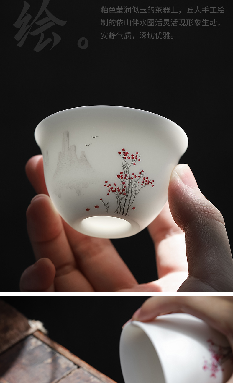 Become precious little hand - made with water up to the mountain jade suet white porcelain high - end kung fu tea set home three tureen gift box