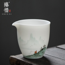 Zhenxixi hand-painted green mountain faint sheep fat jade white porcelain cup tea sea household kung fu tea set ceramic tea divider