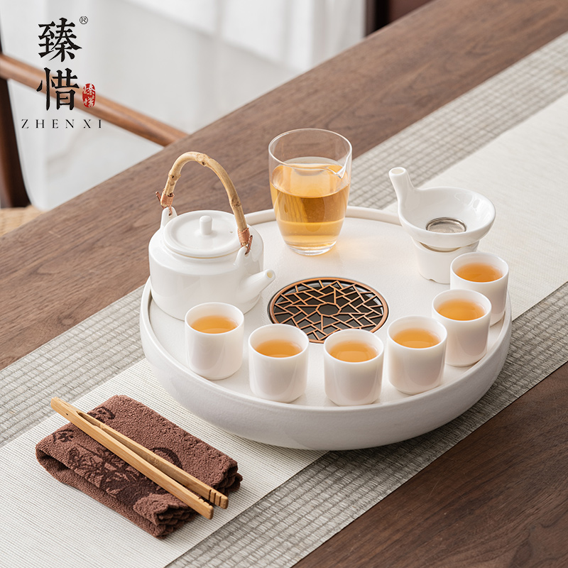Perfect for modern light and luxurious high-end white porcelain qigong tea furniture suit home living room minimalist ceramic dry bubble small tea tray-Taobao