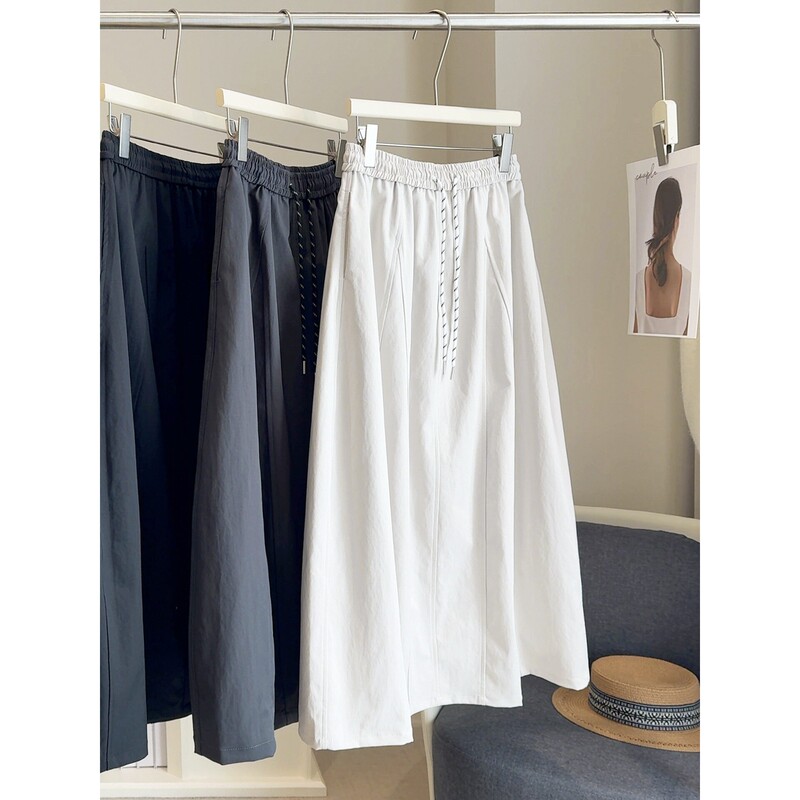 Patchwork Balloon Skirt for Women, Fashionable Retro Drawstring High-Waisted Mid-Length Skirt, Spring/Summer Thin Workwear Skirt
