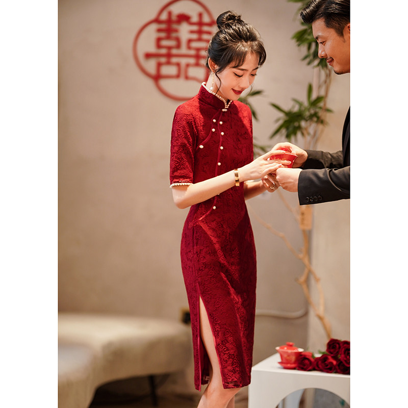 Cheongsam toast clothing bride summer wine red dress can usually wear lace Chinese wedding dress femininity