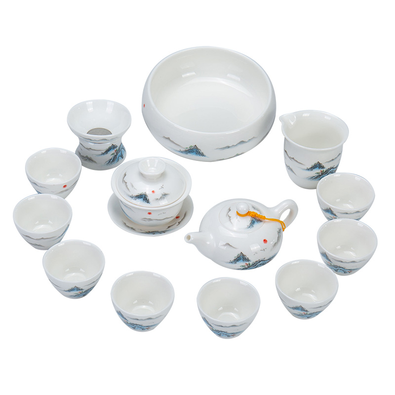 Dehua suet jade white porcelain tea sets a visitor office make tea ultimately responds teapot teacup small household contracted kung fu
