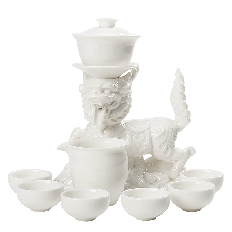 Jane qualitative lazy automatic kung fu tea cups of a complete set of dehua porcelain tea set creative move jade kirin white porcelain teapot