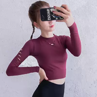 QSQG yoga long-sleeved women's top tight sexy umbilical stretch sports T-shirt running training fitness clothing top