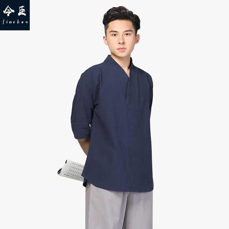 This Subjects Monk Short Sleeve Hanfu T-Shirt Jacket V collar Chinese Wind Tang Costume Residence Conqueror to take a meditation monk's suit