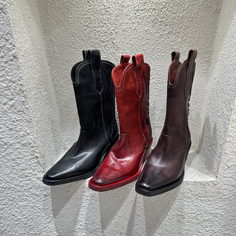 Retro Distressed Western Cowboy Boots with Pointed Toe, Washed Horsehide, High Heel, Mid-Calf V-Cut, Suitable for Autumn and Winter Retro Distressed Western Cowboy Boots with Pointed Toe, Washed Horsehide, High Heel, Mid-Calf V-Cut, Suitable for Autumn and Winter