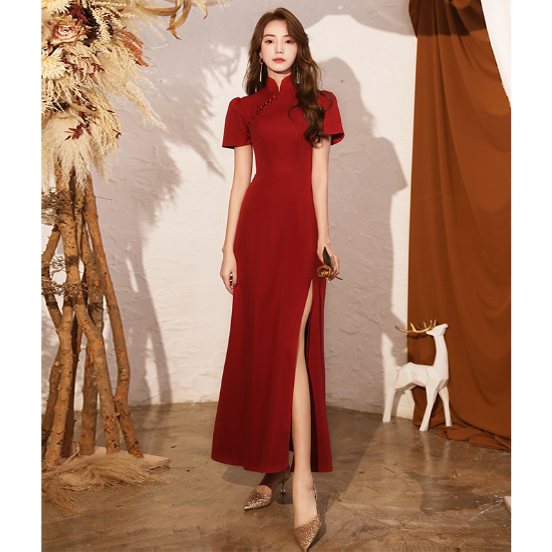 Red evening dress, burgundy cheongsam, summer skirt, Chinese style