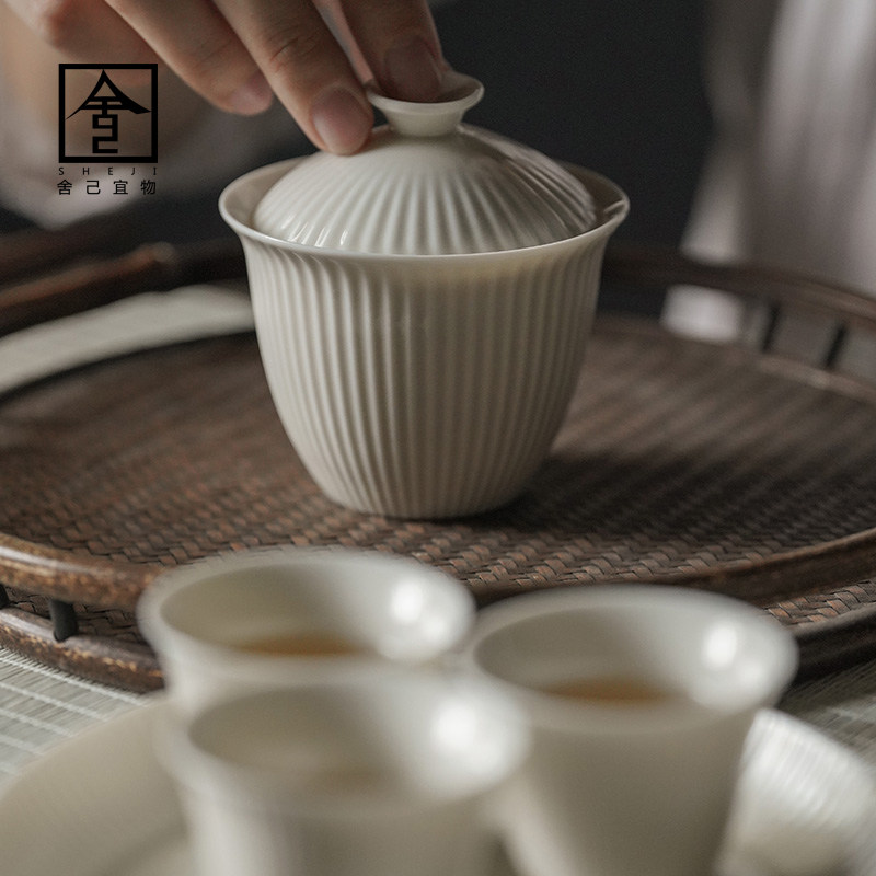 Self-tasted grass stripes streams flow pure hand-made ceramic tea cup set three teacup sets tea bowl single