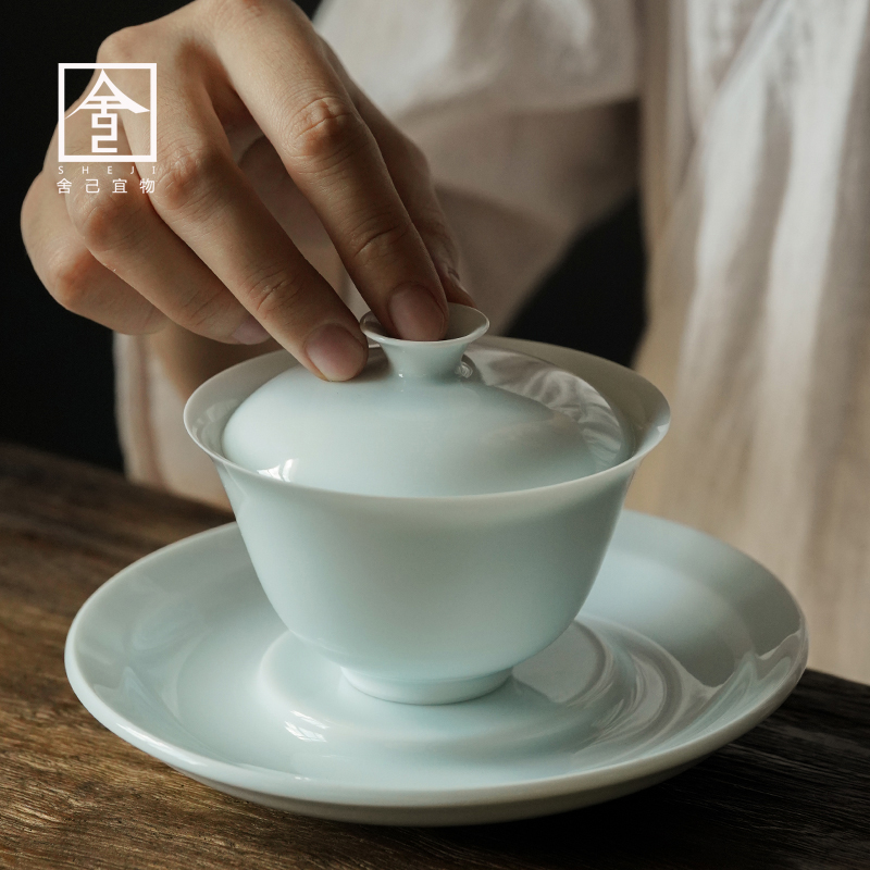 Movie Green Thin Tire Cover Bowl Tea Cup Tea Bowl Single Large Number Three Cai White Porcelain Tea Tea Set Group Tea Tea Lid Bowl