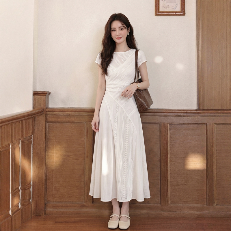 Lavuo Sister's Gentle Style Off-White Elegant Round-Neck Dress for Women, Summer Drapey Short-Sleeve A-Line Mid-Length Dress Lavuo Sister's Gentle Style Off-White Elegant Round-Neck Dress for Women, Summer Drapey Short-Sleeve A-Line Mid-Length Dress