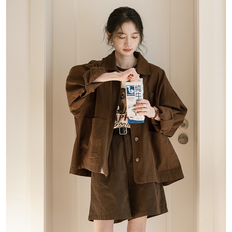 Japanese-Style Loose Casual Coffee-Colored Workwear Jacket for Women, New Autumn Design, Niche Style, Washed Cotton Top