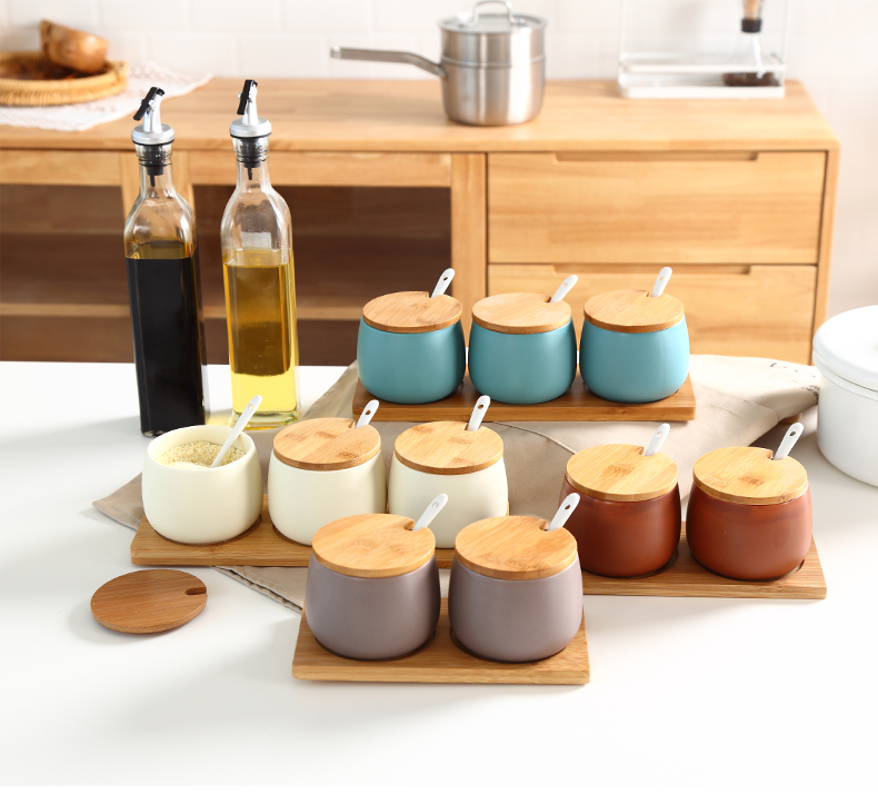 Household condiment oil bottle glass combination suit the kitchen, cooking sauce vinegar jug of ceramic double flavor three - piece as cans box