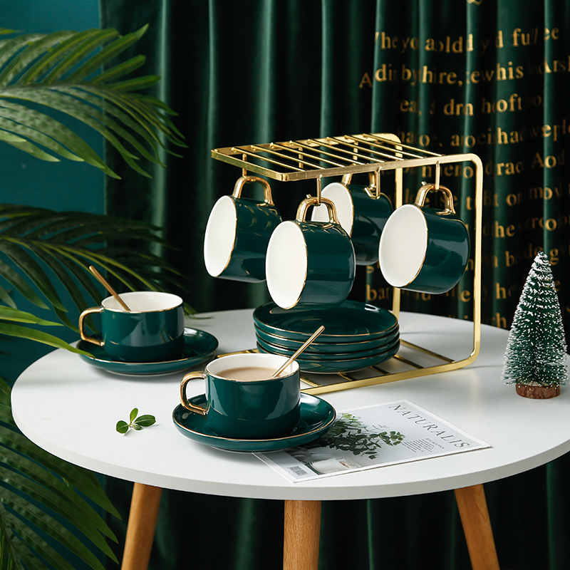 European Emerald afternoon tea Teacup Ceramic coffee cup and saucer set Nordic small luxury gold edge coffee utensils