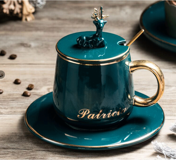 Light key-2 luxury European - style originality deer cover ceramic cup move mark cup coffee cup household glass box with a spoon