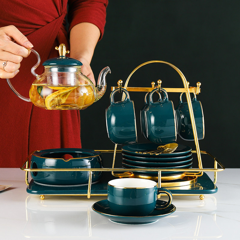 Nordic flower tea set afternoon camellia fruit teacup home glass flower teapot set with filter candle boiled tea warmed