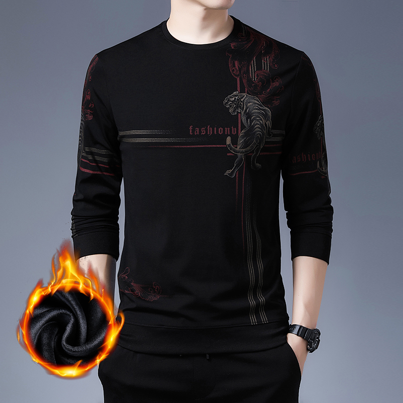 Woodpecker Brand Autumn and Winter Thermal Underwear for Men, Fleece-Lined and Thickened, Trendy Youth Round-Neck Printed Set, Sweatshirt for Outerwear