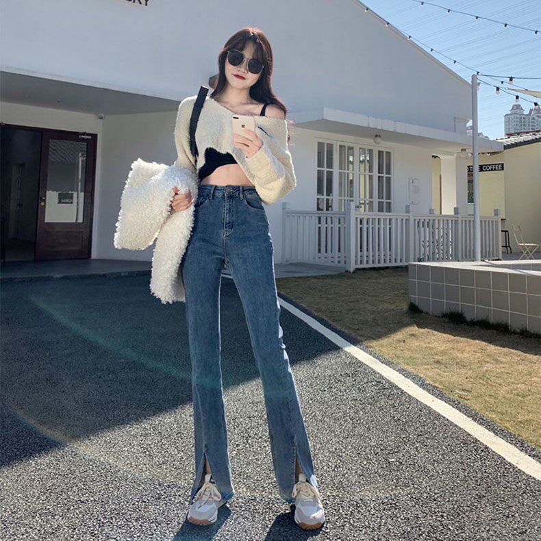 Front Open Fork Jeans Woman High Waist Display Slim 100 Hitch Stretch Summer 2021 New Tug Straight Drum Slim Horn Pants Tide