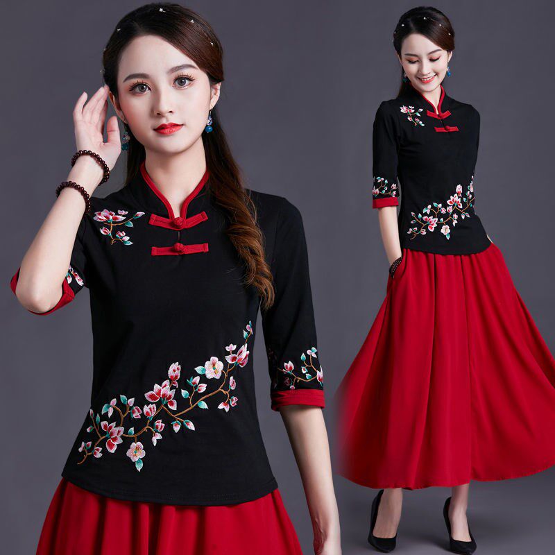 National wind blouses new vintage Chinese wind embroidered 70% sleeves upright collar disc buckle blouse splicing 50% sleeve T-shirt woman