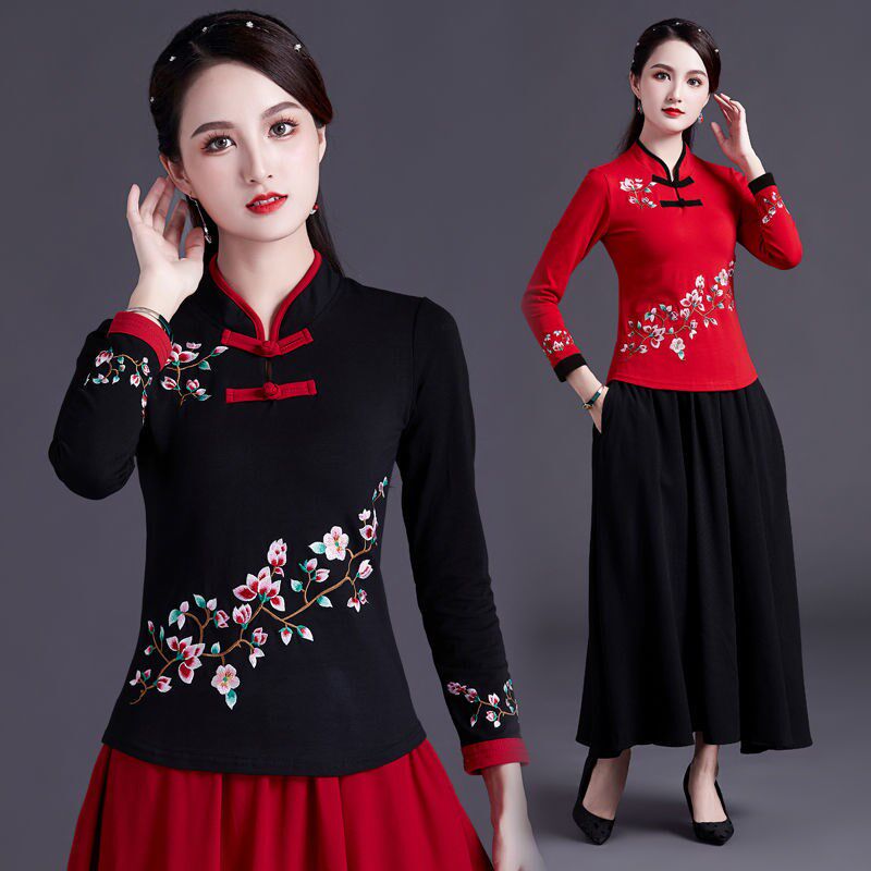 China Wind Women's Dress National Wind Blouse Autumn Winter New Pure Cotton Embroidered Long Sleeve T-shirt Woman Comeback Jersey Undershirt
