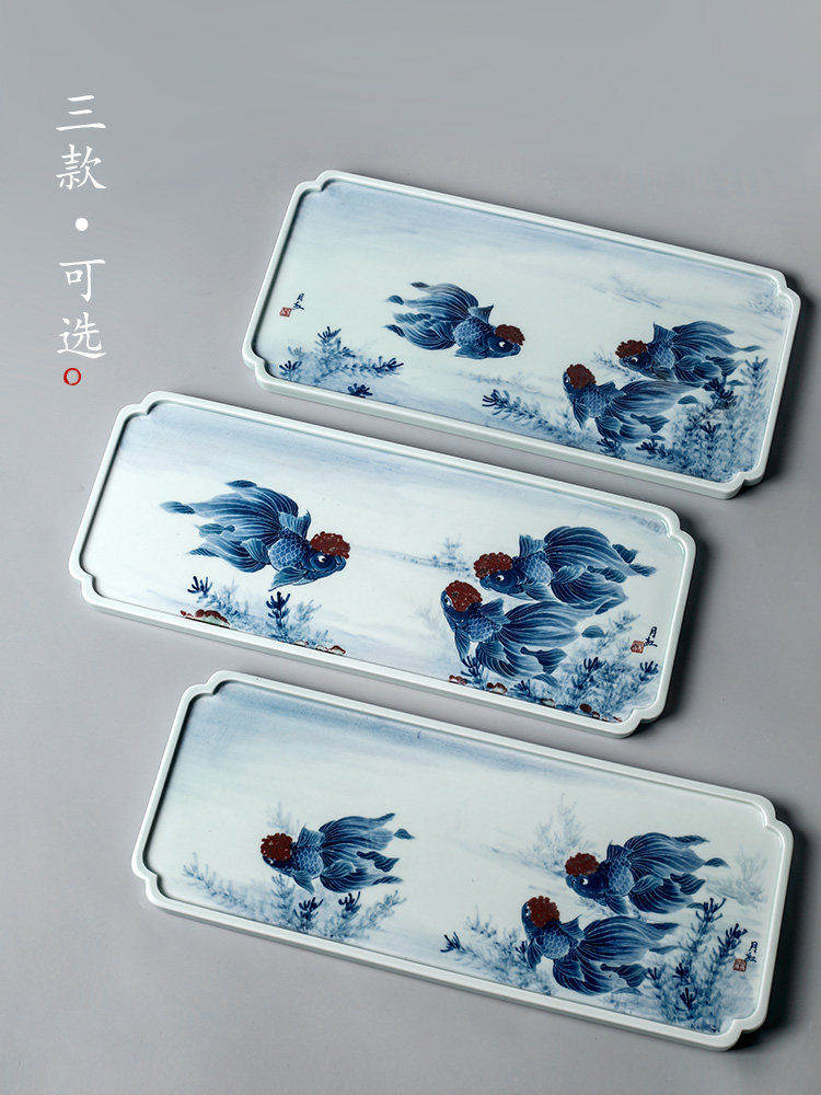Jingdezhen blue and white youligong checking tea tray was dry goldfish mercifully machine Lin Yuehong hand - made ceramic pot of tea service men