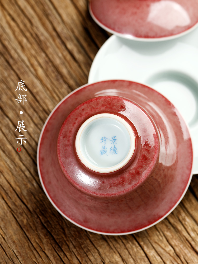 Cowpea red three tureen tea cups only protect hot large jingdezhen ceramic tea set pure manual kung fu always is getting out