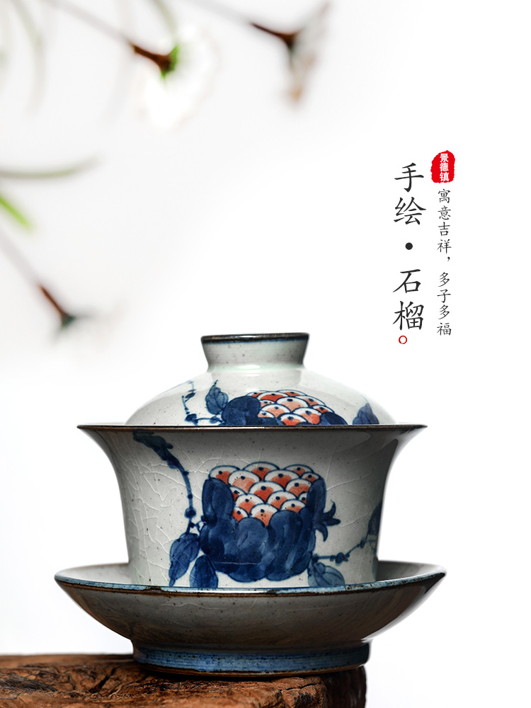 Jingdezhen blue and white pure manual only three tureen kung fu tea bowl of hot upset prevention hand - made ginkgo biloba tea set